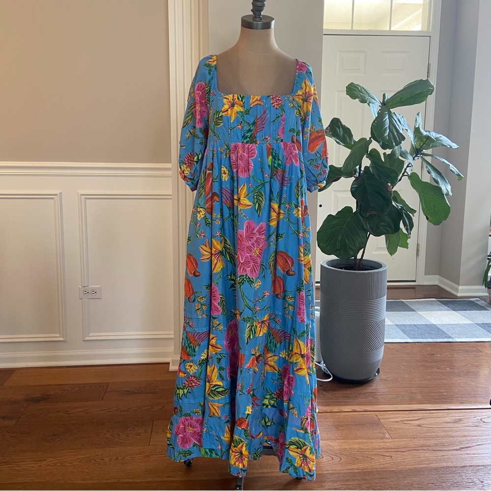 Farm Rio Toucan Gardens maxi dress, floral, puff sleeves, size L, NWOT